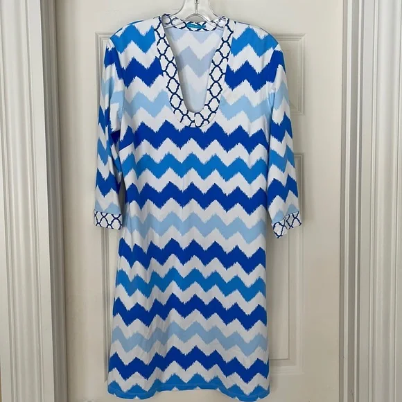 J. McLaughlin | Dresses | Jmclaughlin Multi Blue White Tunic Dress  Quadrafoil Neckline Size Large | Poshmark